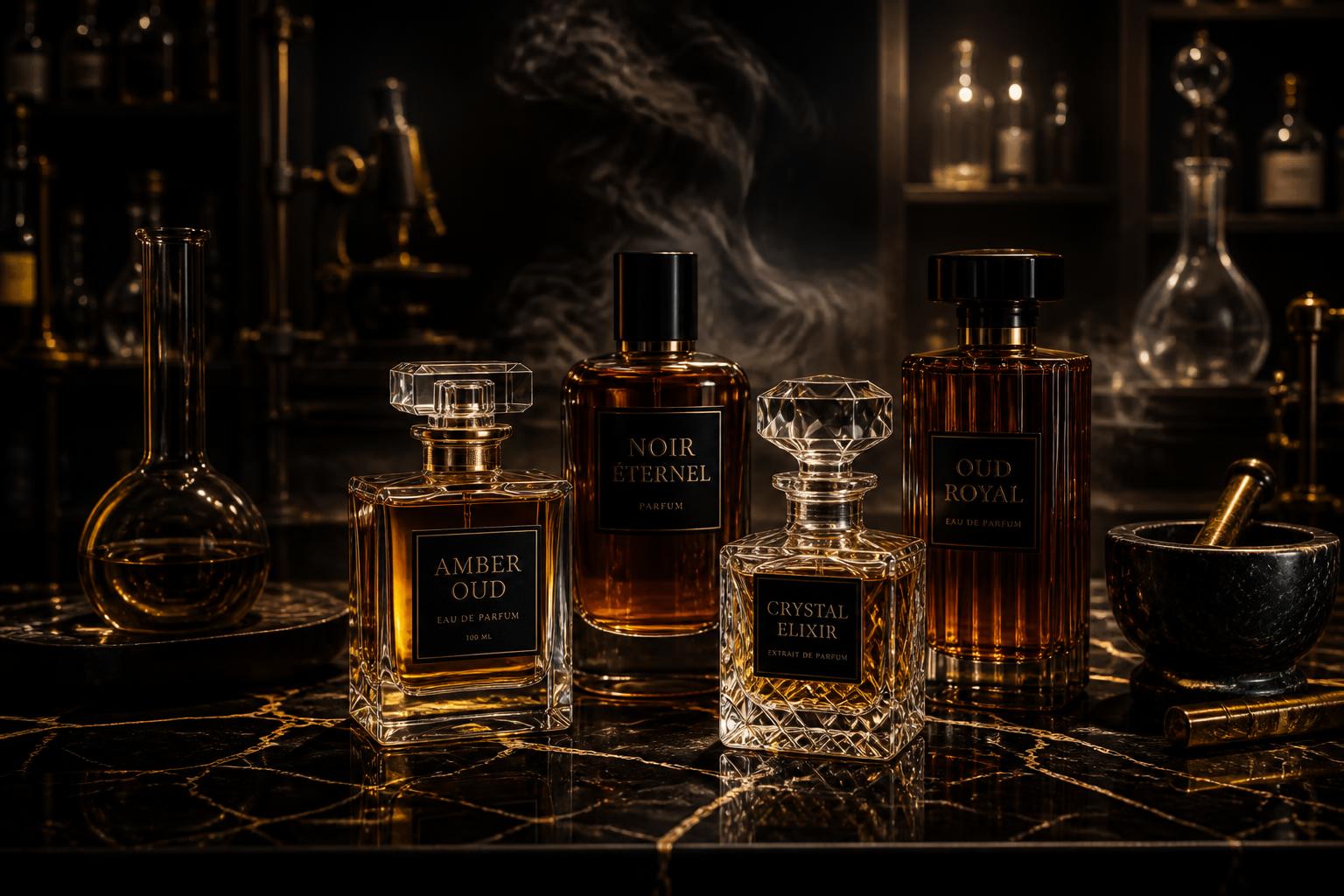 Luxury perfume bottles in a premium chemical laboratory